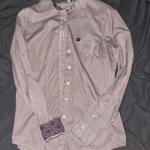 Cinch Men's Maroon and White Striped Button-Down Shirt